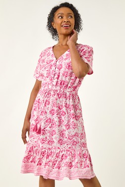 Roman Petite Pink Floral Print Tiered Dress