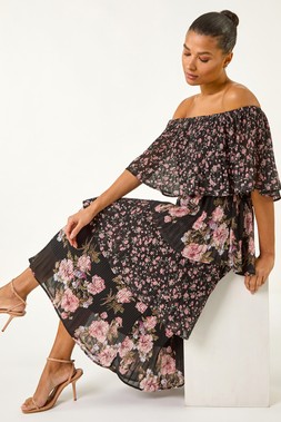 Roman Black Bardot Ditsy Floral Midi Dress