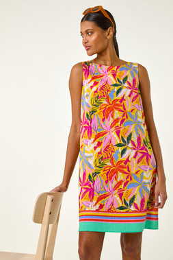 Roman Pink Tropical Leaf Print Shift Dress