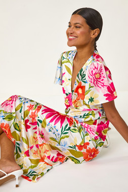 Roman White Floral Satin Midi Dress