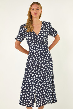 Roman Heart Print Ruched Midi Dress