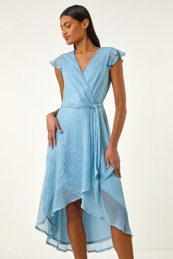 Roman Blue Shimmer Plisse Wrap Dress