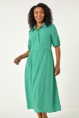 Roman Petite Green Geo Button Collar Dress