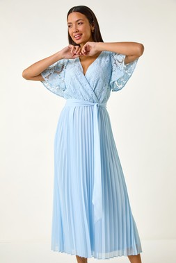 Roman Blue Lace Wrap Fit and Flare