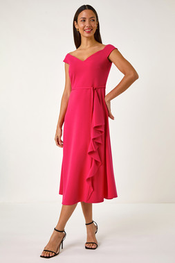 Roman Cerise Bardot Ruffle Wrap Dress