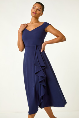 Roman Navy Bardot Ruffle Wrap Dress