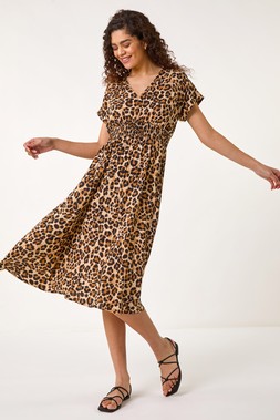 Tan Animal Print Shirred Midi Dress