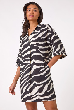Roman Black Zebra Print Shirt Dress