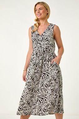 Roman Petite Black Linen Mix Midi Dress