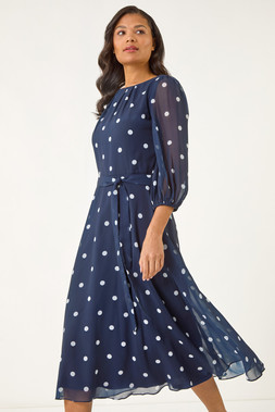 Roman Navy Spot Print Chiffon Pleated Midi Dress