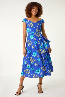 Roman Royal Blue Floral Print Bardot Ruffle Dress