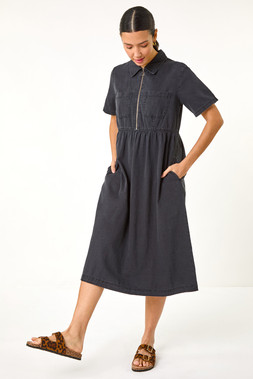 Roman Denim Zip A-Line Midi Dress