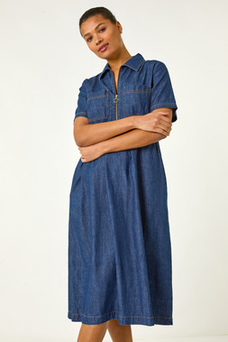Roman Denim Zip A-Line Midi Dress