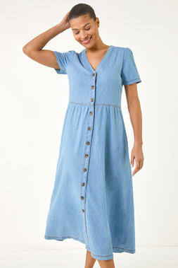 Roman Denim Button Through Midi Dress