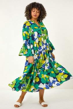 Roman Curve Lime Floral Print Tiered Dress