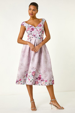 Roman Pink Sweetheart Floral Midi Dress
