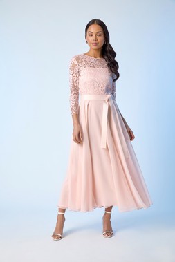 Roman Petite Light Pink Lace Bodice Tie Waist Dress