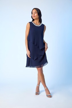 Roman Petite Navy Trim Layer Shift Dress