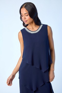 Roman Petite Navy Trim Layer Shift Dress