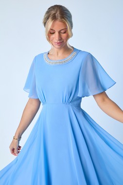 Roman Petite Blue Trim Short Sleeve Dress