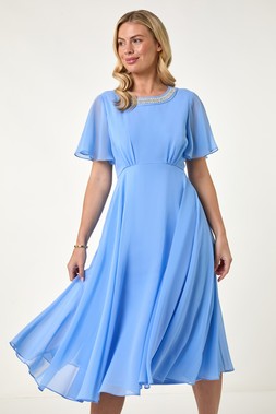 Roman Petite Blue Trim Short Sleeve Dress