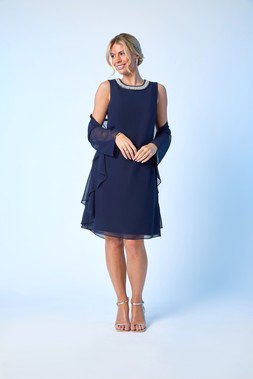Roman Petite Navy 2in1 Neck Trim Shift Dress