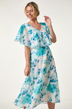 Roman Petite Turqouise Floral Print Cape Midi Dress