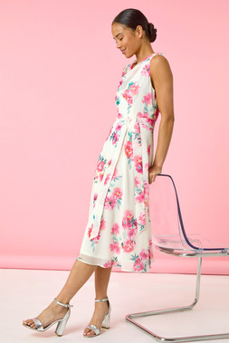 Roman Petite Ivory Floral Cowl Neck Midi Dress