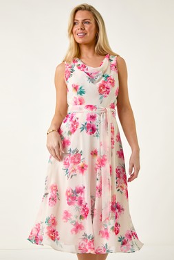 Roman Petite Floral Cowl Neck Midi Dress