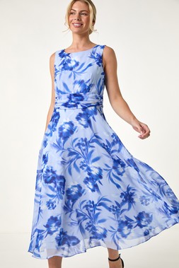 Roman Petite Blue Floral Print Midi Dress