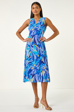 Roman Blue Floral Print Wrap Chiffon Midi Dress