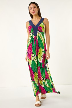 Roman Leaf Print Y Front Maxi Dress