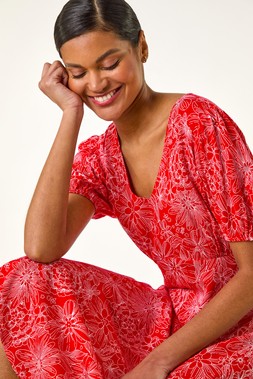 Roman Red Floral Midi Tea Dress