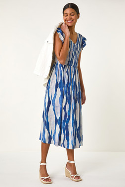 Roman Blue Wave Print Shirred Midi Dress