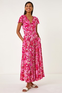 Roman Pink Floral Ruched Waist Maxi Dress