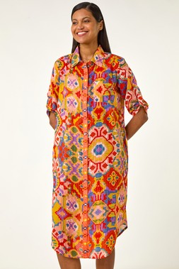 Roman Orange Ikat Button Shirt Dress