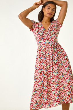 Roman Floral Print Tea Midi Dress