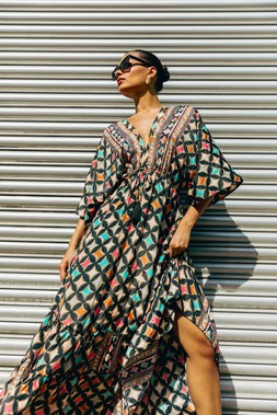 Roman Geo Print V-Neck Frill Maxi Dress