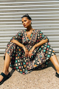 Roman Geo Print V-Neck Frill Maxi Dress