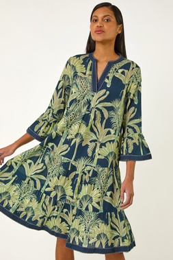 Roman Navy Palm Print V-Neck Tiered Dress