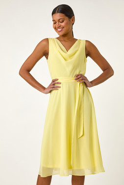 Roman Yellow Cowl Neck Tie Waist Dress