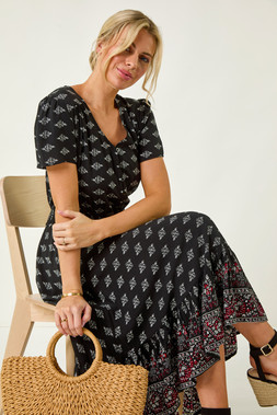 Roman Petite Geo Print Border Midi Dress