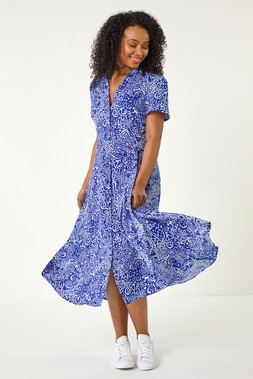 Roman Petite Royal Blue Abstract Print Button Shirt Dress