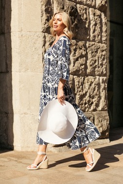 Roman Petite Navy Abstract Print Button Midi Dress