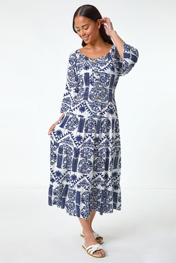 Roman Petite Abstract Print Button Midi Dress