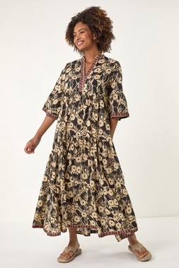 Roman Black Floral Print Border Maxi Dress