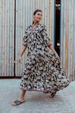 Roman Black Floral Print Border Maxi Dress