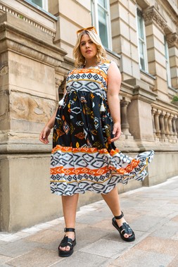 Roman Curve Orange Mix and Match Print Dress