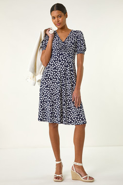 Roman Spot Print Gathered Midi Dress