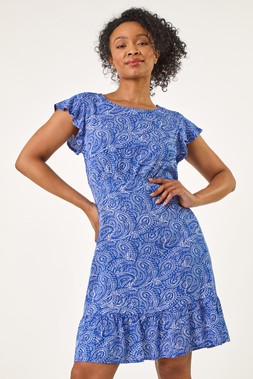 Roman Petite Blue Paisley Print Frill Tea Dress